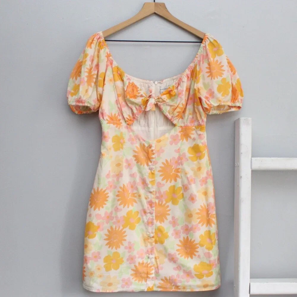 SABO Enga Dress Sunny Floral Orange Bust Cutout Puff Sleeve Mini Dess SZ Medium - Picture 3 of 8